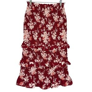 Abercrombie & Fitch Burgundy Floral Ruffle Midi Skirt